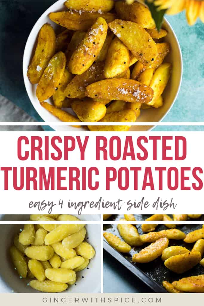 Pinterest pin of turmeric potatoes and three images from the post.