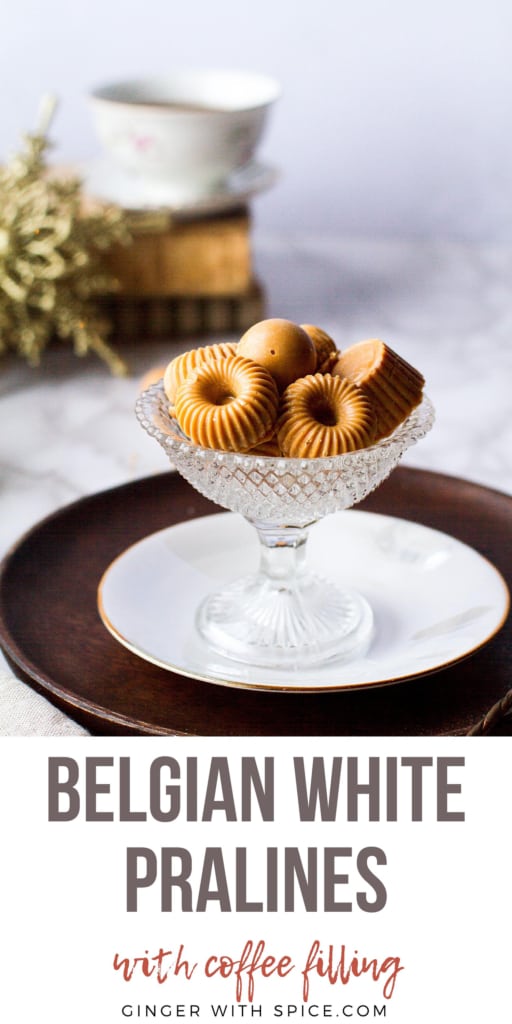 White chocolate Belgian pralines with coffee filling. Pinterest pin.