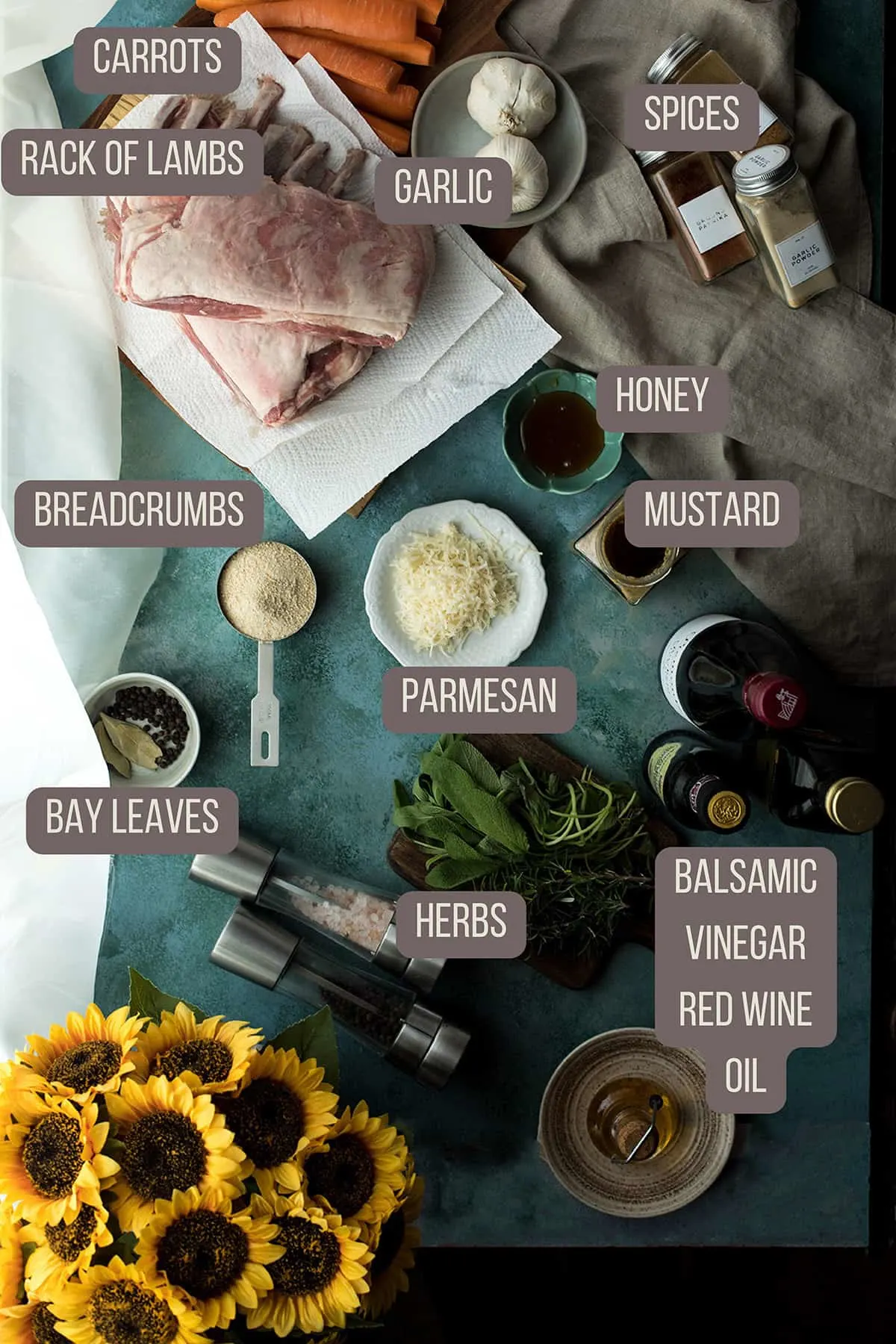 Ingredients to make herb crusted rack of lamb.