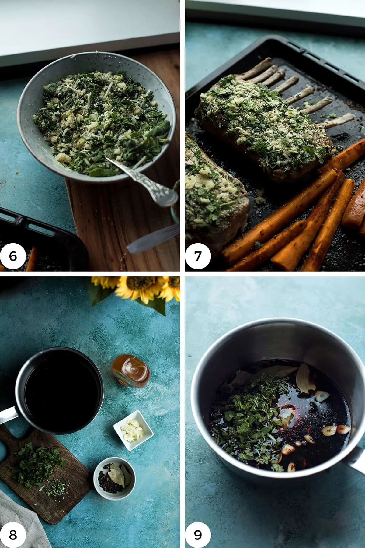 Steps to make the sauce and herb crust.