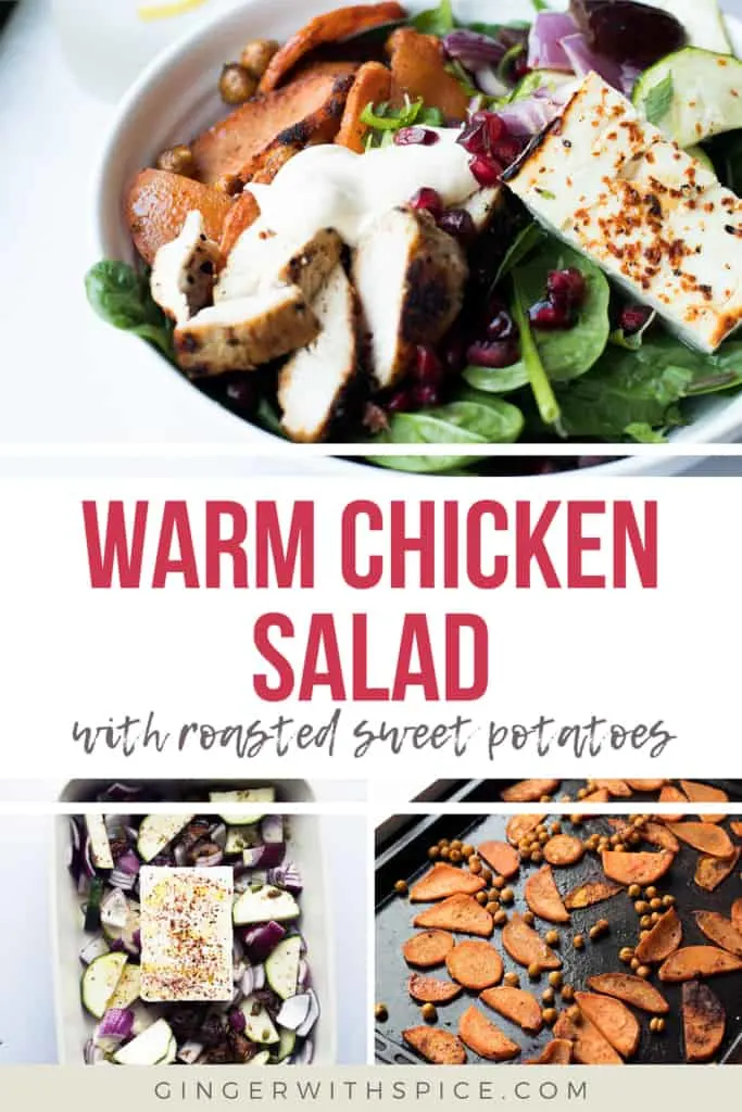Three images from the post and red text overlay in the middle: Warm Chicken Salad.