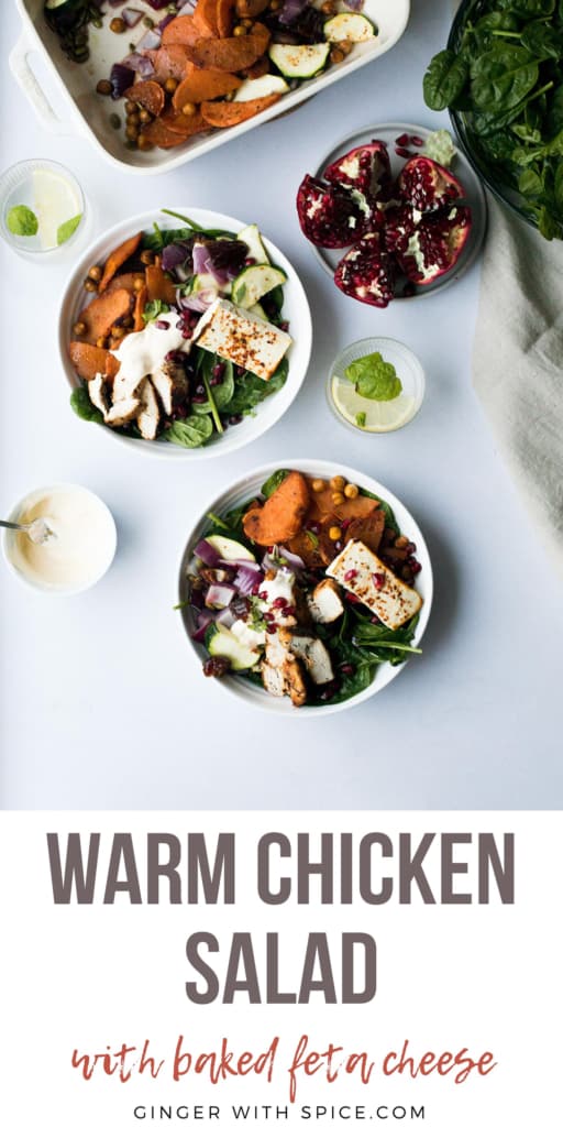 Two bowl of warm chicken salad seen from above. Title text at the bottom. Pinterest pin.