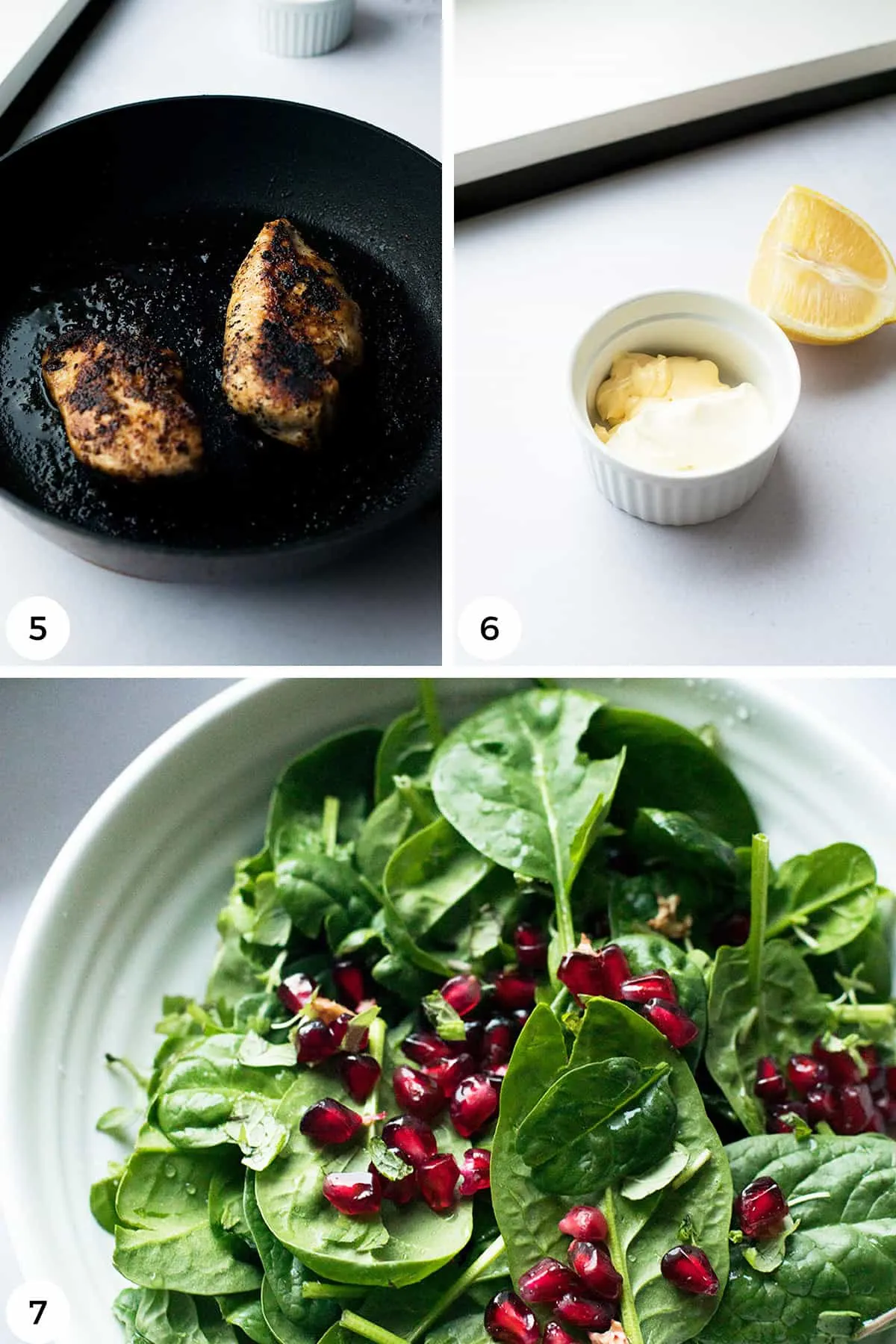 Steps to make chicken, salad and dressing.