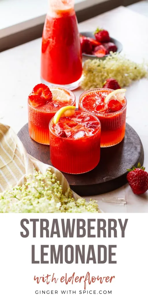 Three glasses of strawberry lemonade, text overlay at the bottom. Pinterest pin.
