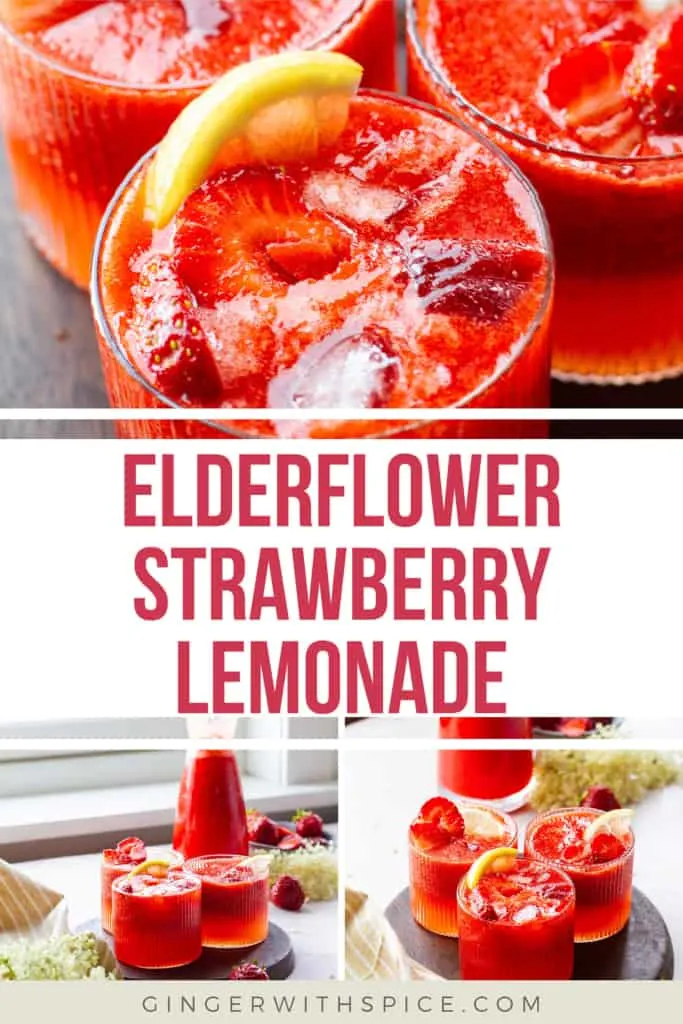 Three images of strawberry lemonade and red text overlay in the middle. Pinterest pin.