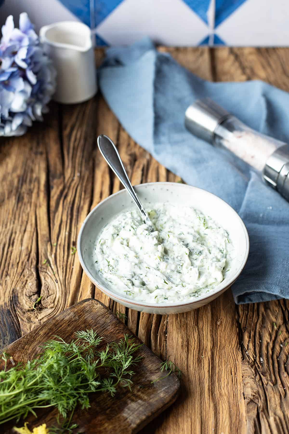 Close-up of tzatziki in a wide bowl.