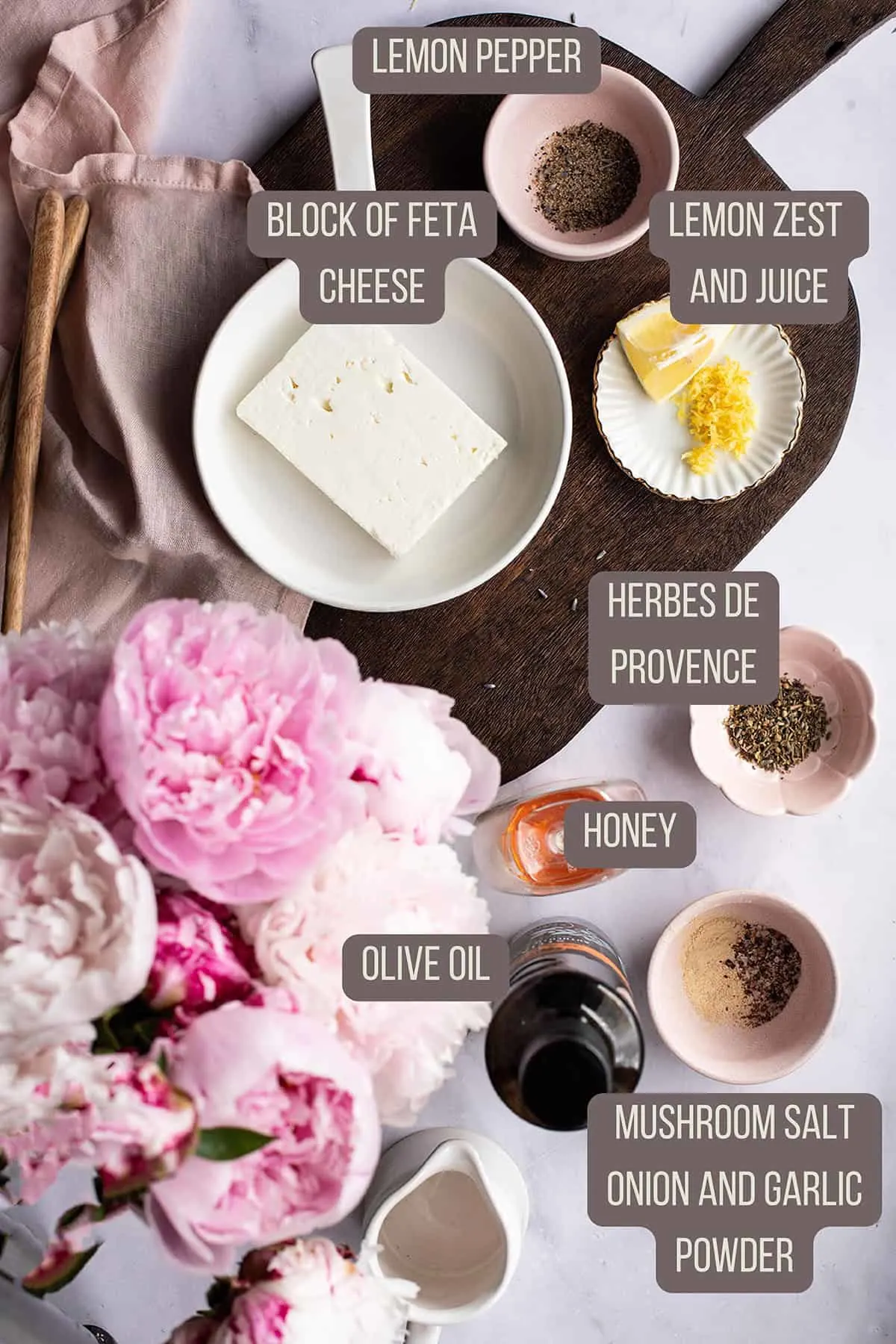 Ingredients to make three baked feta cheese.