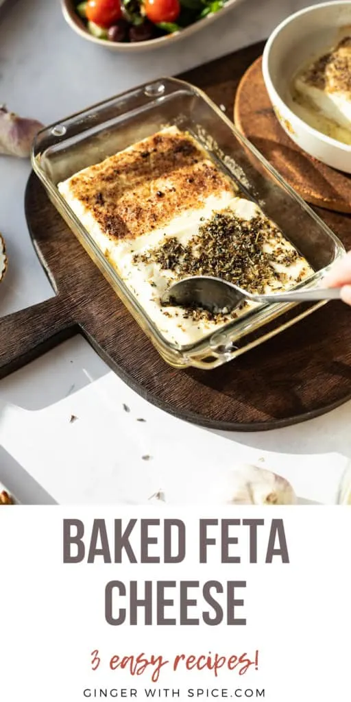 Two different kinds of baked feta cheese in a baking dish. Pinterest pin.