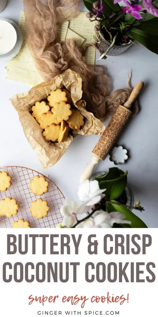 Small box with brown parchment paper and crisp coconut cookies. Pinterest pin.