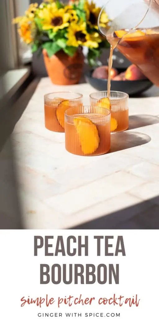 Large image of peach tea bourbon in cocktail glasses, text at the bottom. Pinterest pin.