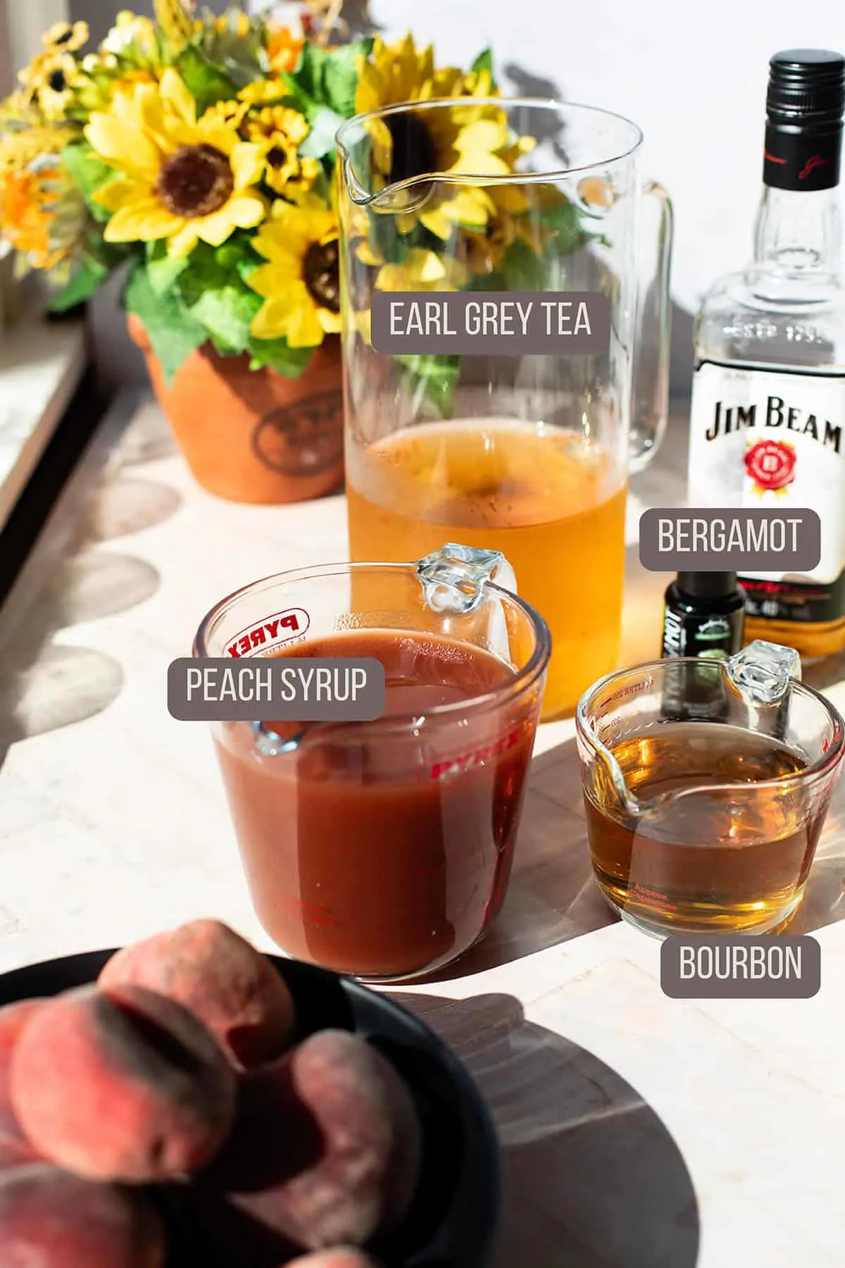 Ingredients to make peach tea bourbon.