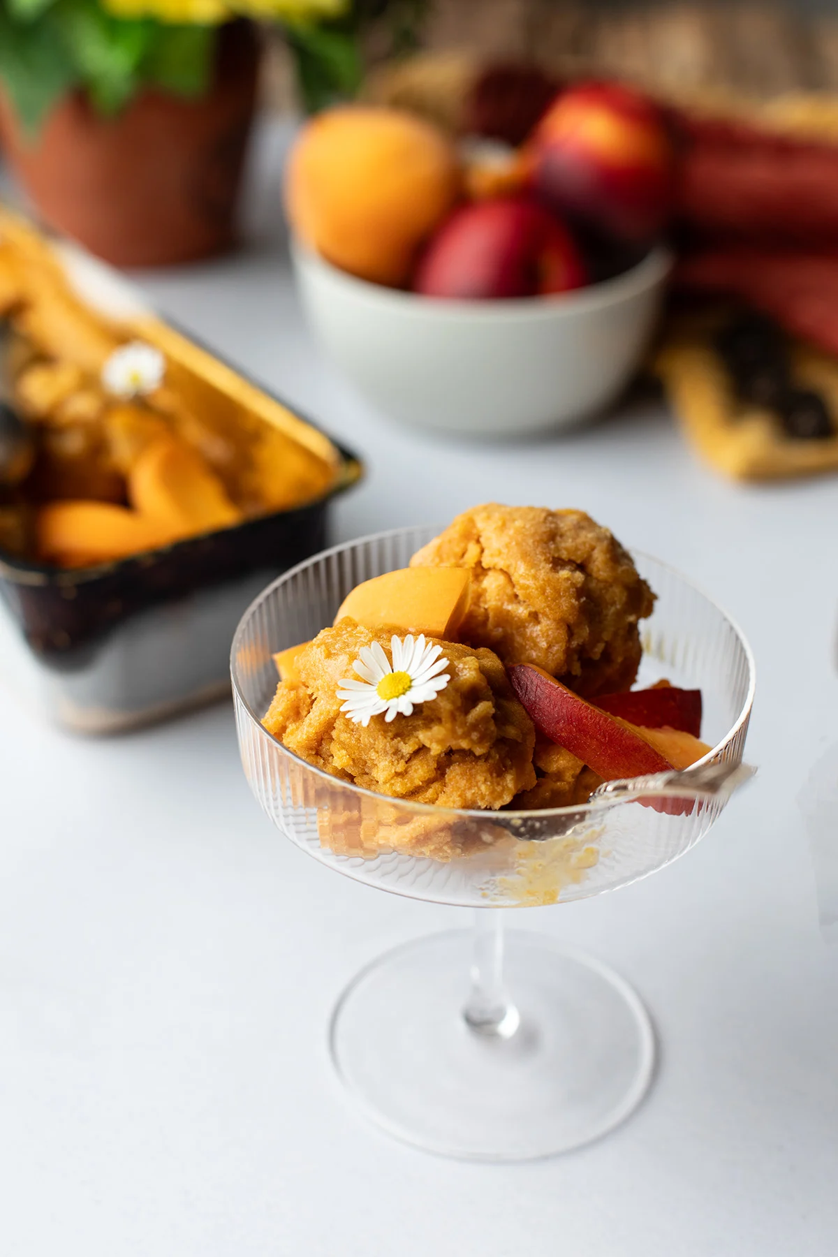 Brown sugar peach sorbet served in a coupé glass.