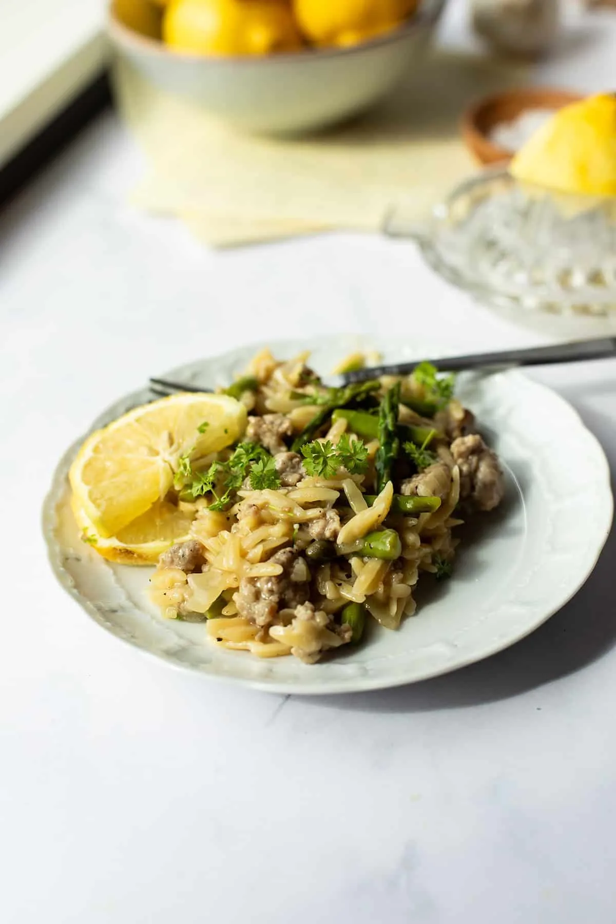 Serving plate of lemon parmesan sausage orzo.