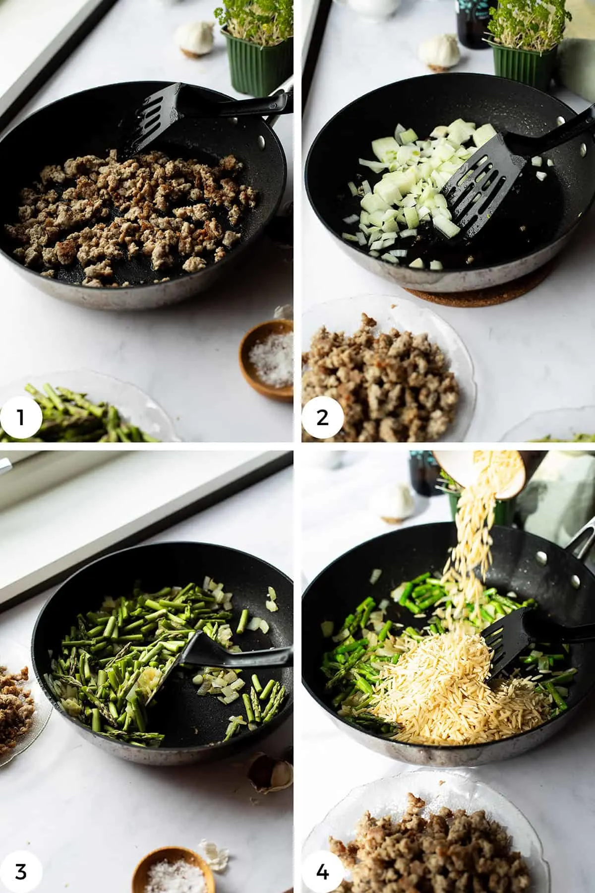 Steps to prepare sausage and veggies for the lemon parmesan orzo.