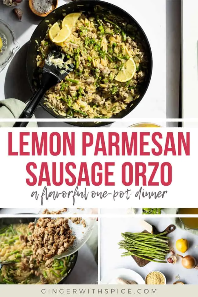 Pinterest pin with two images from the post and the title text: Lemon Parmesan Sausage Orzo.
