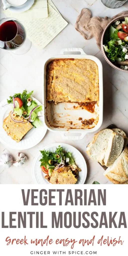 A white baking pan with vegetarian lentil moussaka, two slices taken out of the pan and served on plates. Pinterest pin with the title at the bottom.