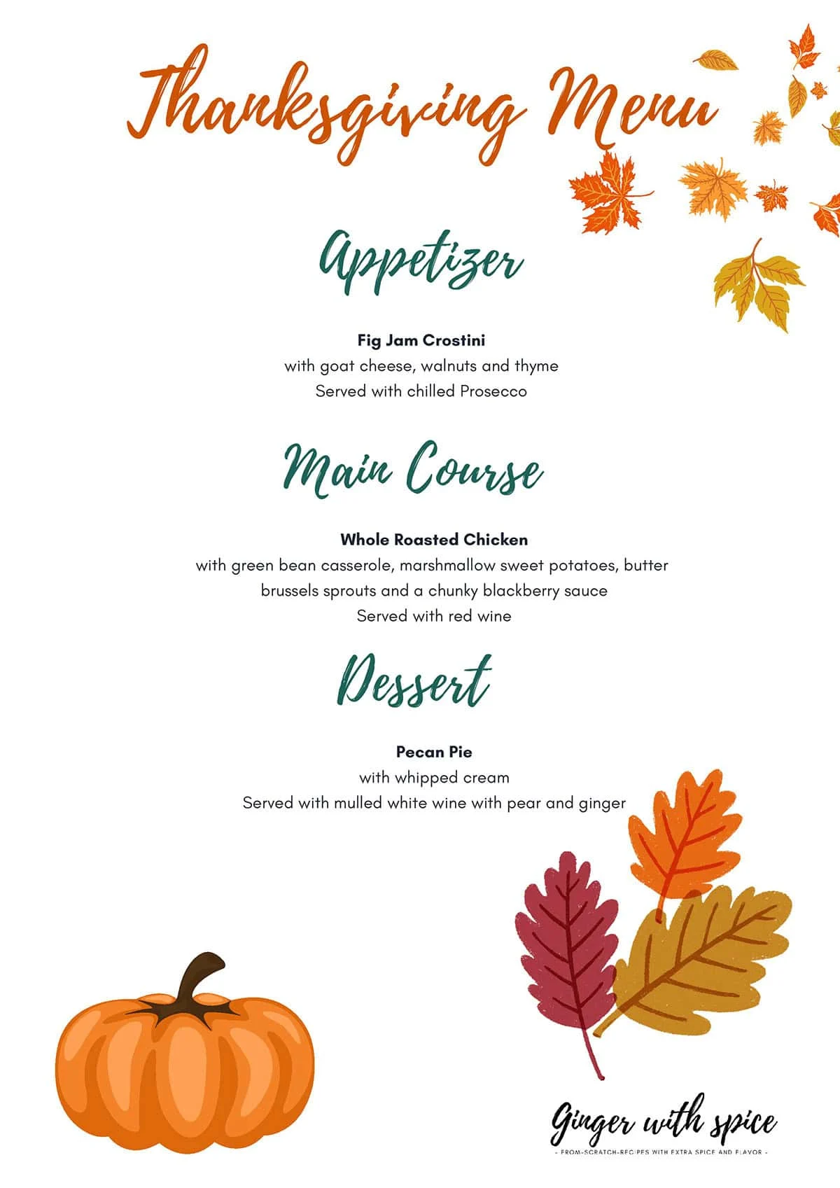 Small Thanksgiving Menu for 2-4 with appetizer, main course and dessert.