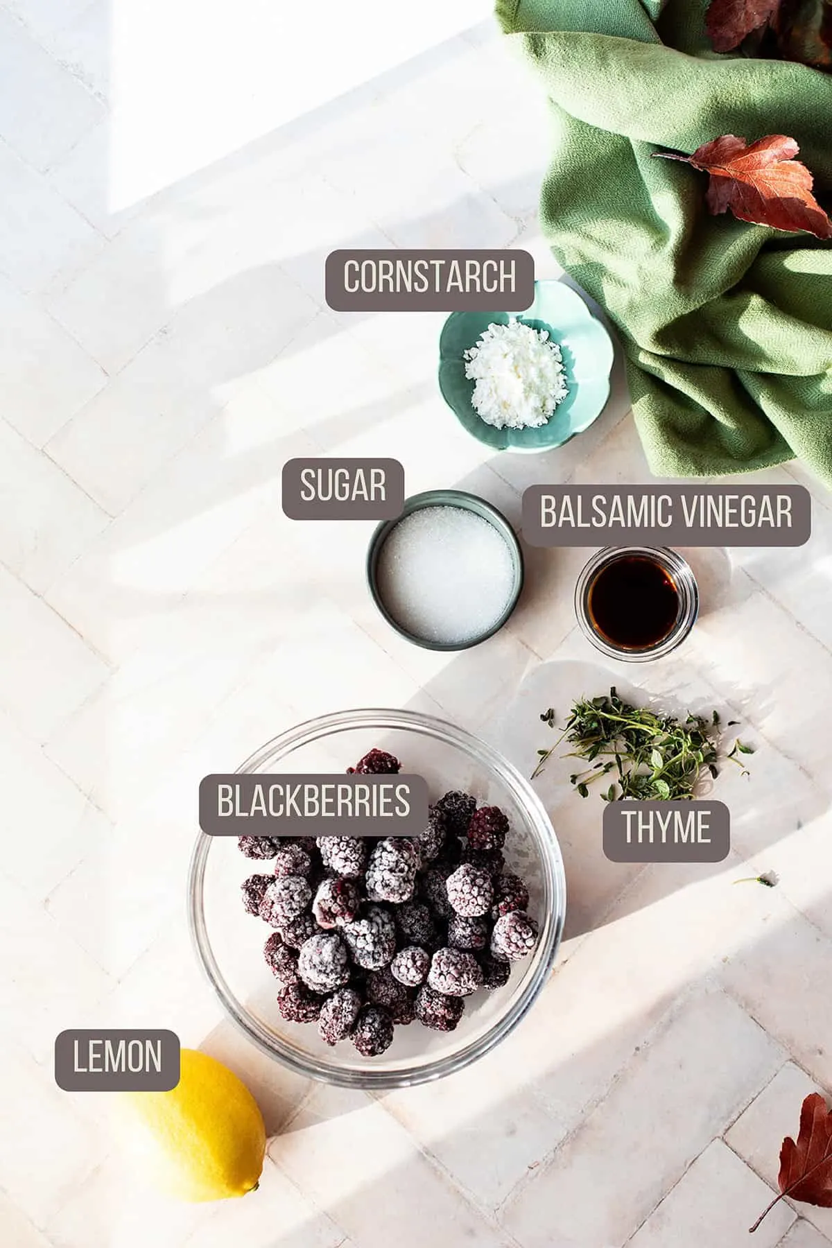 Ingredients to make savory blackberry sauce.