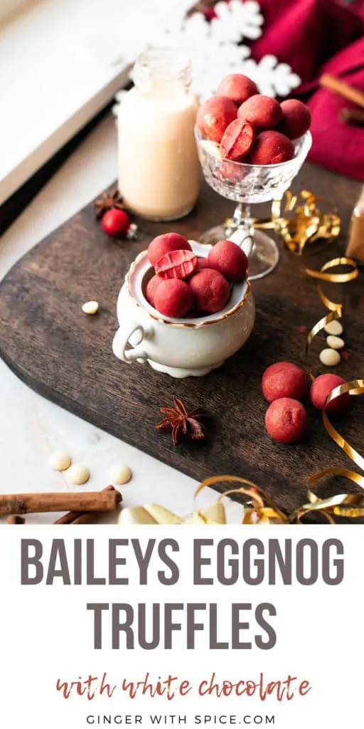 Pinterest pin with one image of the truffles and a text overlay at the bottom: Baileys Eggnog Truffles.