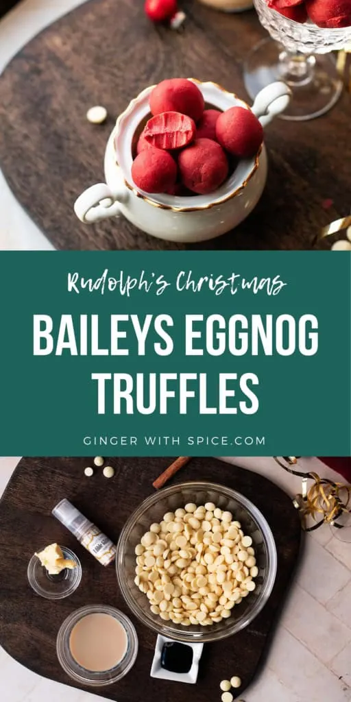 Two images from the post and white text overlay on a green background in the middle: Baileys Eggnog Truffles.
