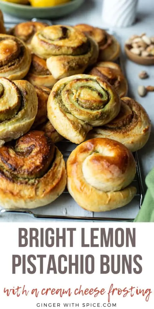 Pinterest pin with one image from the post and title text at the bottom: "Bright Lemon Pistachio Buns".