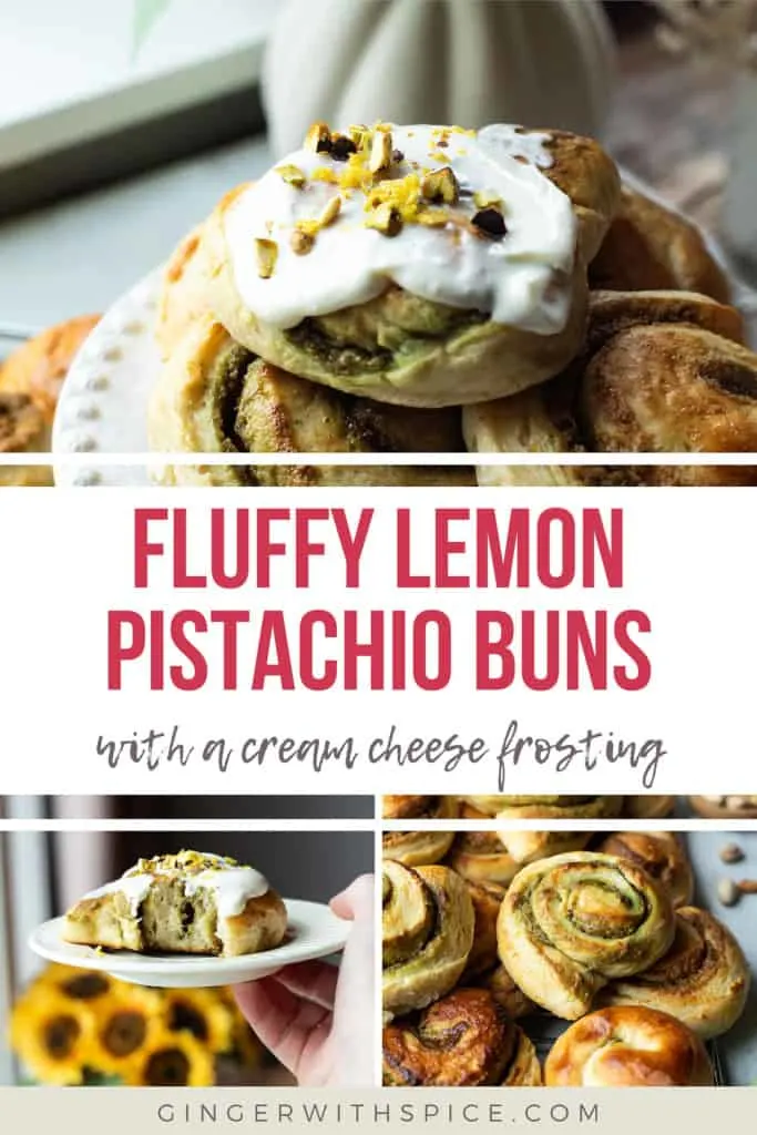 Pinterest pin with three images from the post and red title text in the middle: Fluffy Lemon Pistachio Buns.