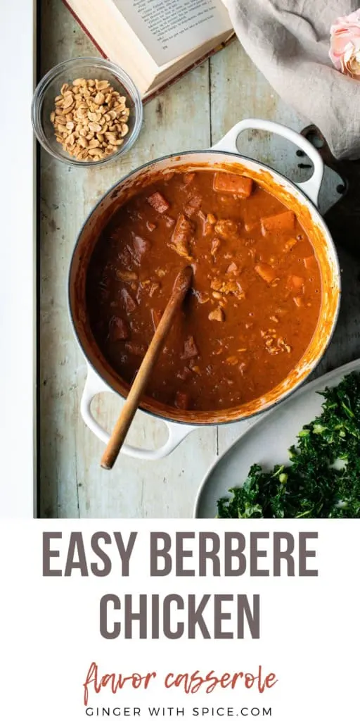 Large casserole with berbere chicken stew. Title text at the bottom, Pinterest pin.