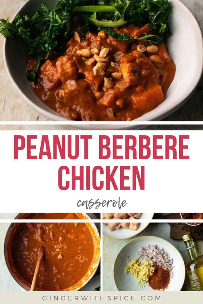 Three images from the post and red text overlay in the middle with the title: "Peanut Berbere Chicken". Pinterest pin.