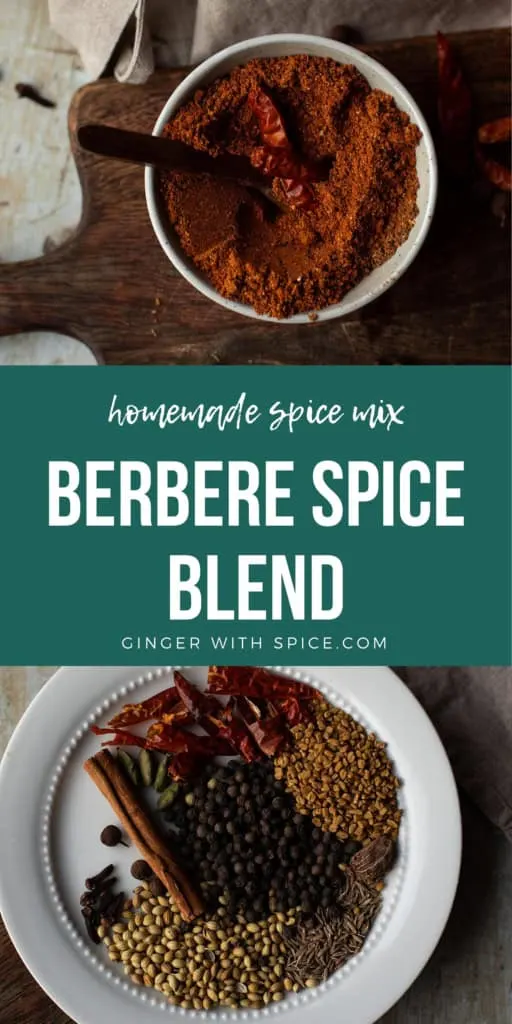 Two images from the post and white text over a green background: "Berbere Spice Blend" - Pinterest pin.