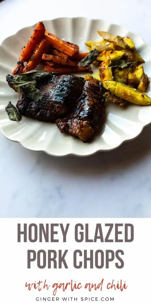 Pinterest pin with image of honey glazed pork chops.