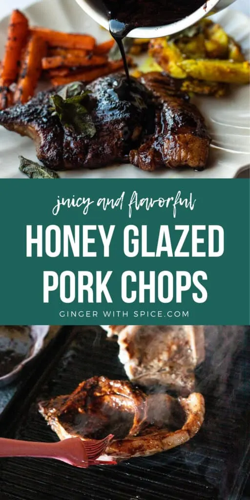 Pinterest pin with two images from the post and title overlay in the middle: "Honey glazed pork chops".