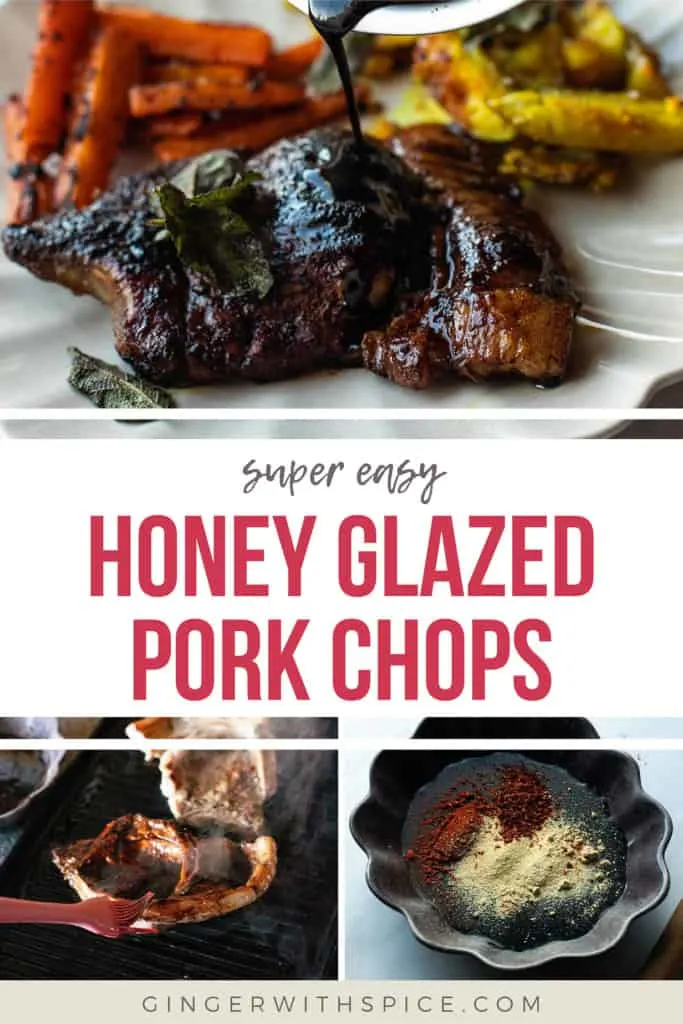 Three images from the post and red text overlay in the middle with the text: "Honey glazed pork chops".