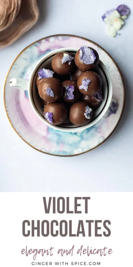 Pinterest pin with one image from the post of the violet chocolates.
