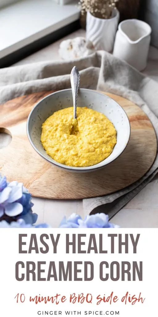 Bowl of creamed corn. Pinterest pin.