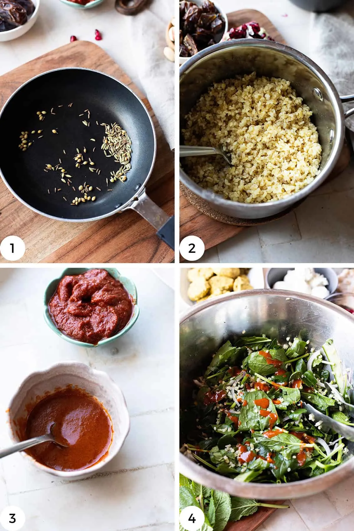 Steps to make the bulgur, the harissa dressing and the salad.