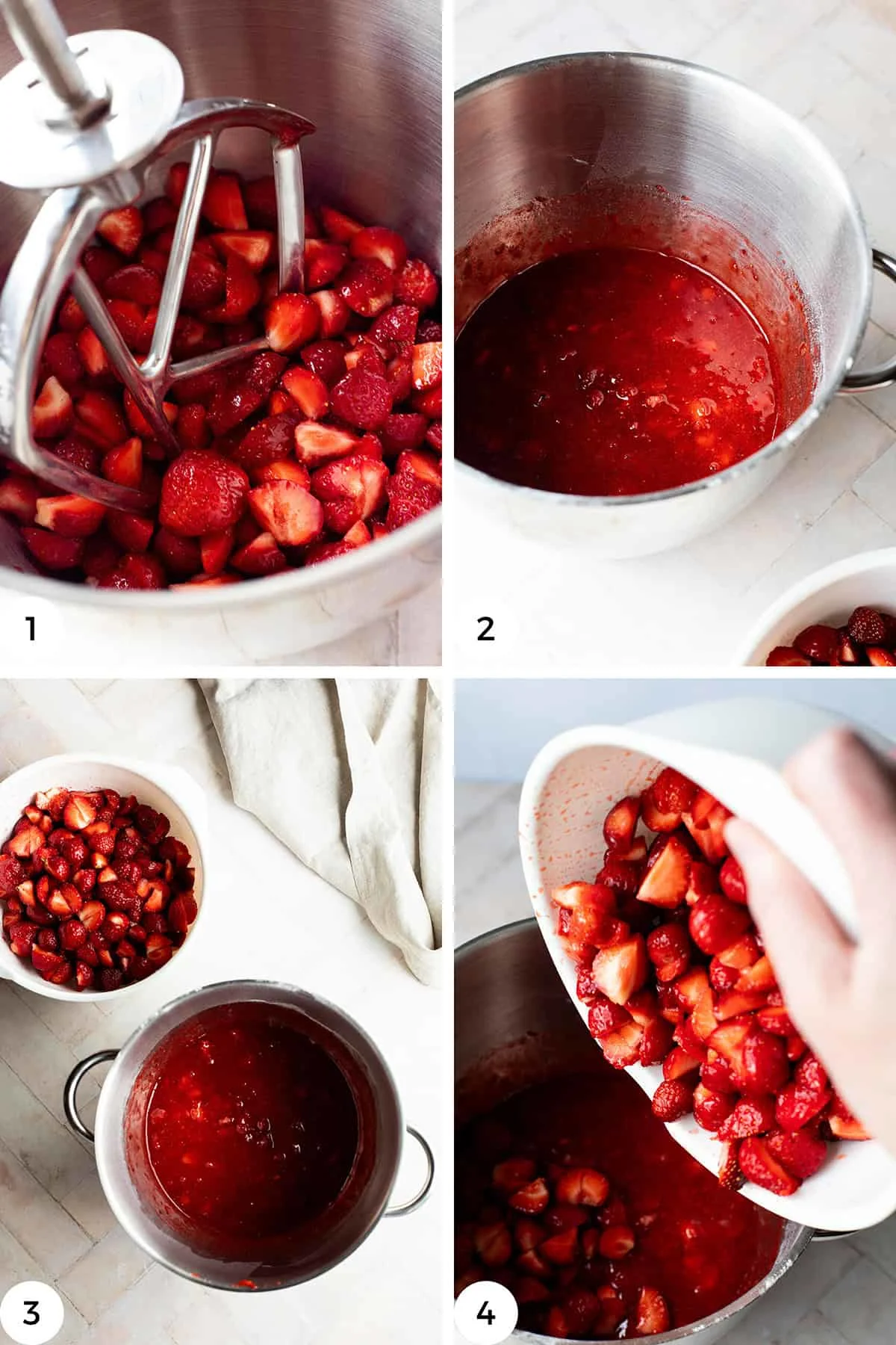 Steps to make no-cook strawberry freezer jam.