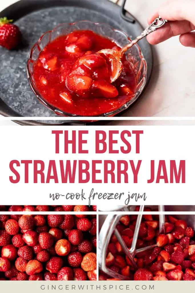 Three images from the post and red text overlay in the middle: "The Best Strawberry Jam". Pinterest pin.