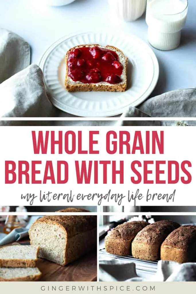 Pinterest pin with three images from the post and red text overlay with the title Whole Grain Bread with Seeds.