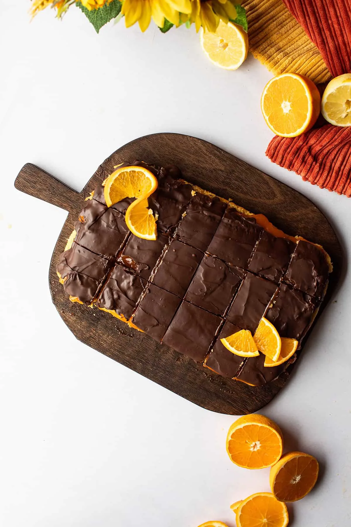Orange jaffa cake sliced but chocolate still wet.