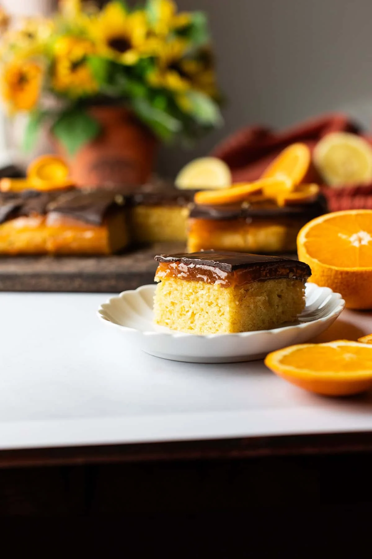 Slice of orange cake with Turkish delight jelly.