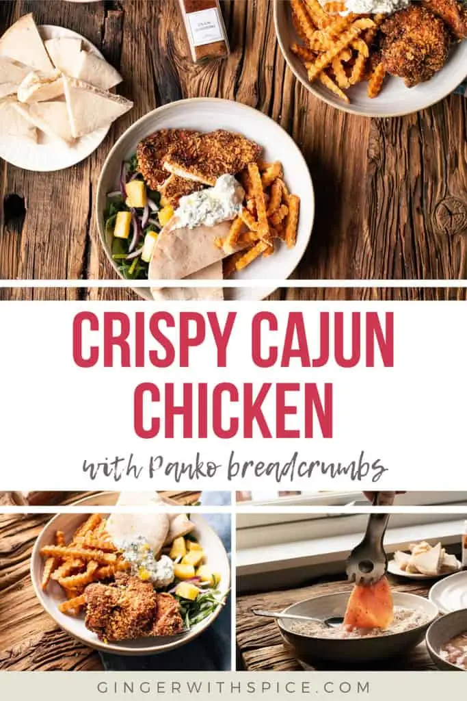 Three images from the post and red text overlay in the middle: Crispy Cajun Chicken. Pinterest pin.