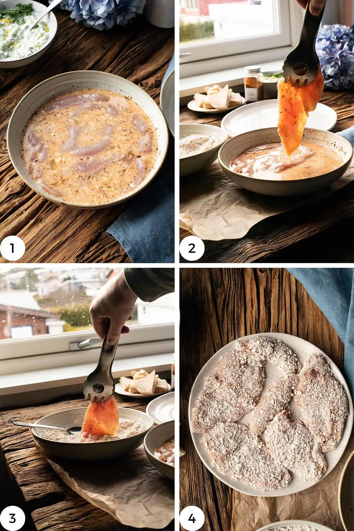 Steps to make the chicken with panko breading.