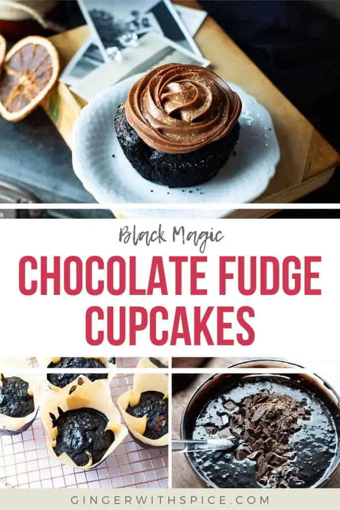 Three images from the post and red text overlay in the middle with the title: Chocolate Fudge Cupcakes. Pinterest pin.