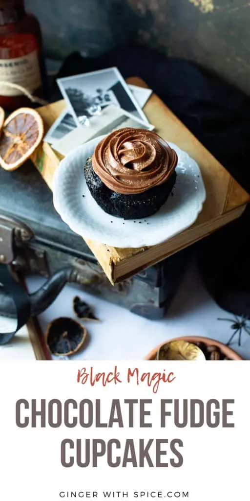 Pinterest pin with one image of the black cupcakes and title text below.