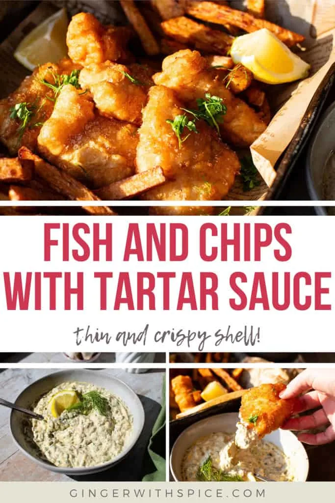 Pinterest pin with three images from the post with red text overlay in the middle: Fish and Chips with Tartar Sauce.