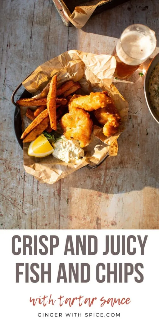 Serving plate with fish and chips and text overlay at the bottom, Pinterest pin.