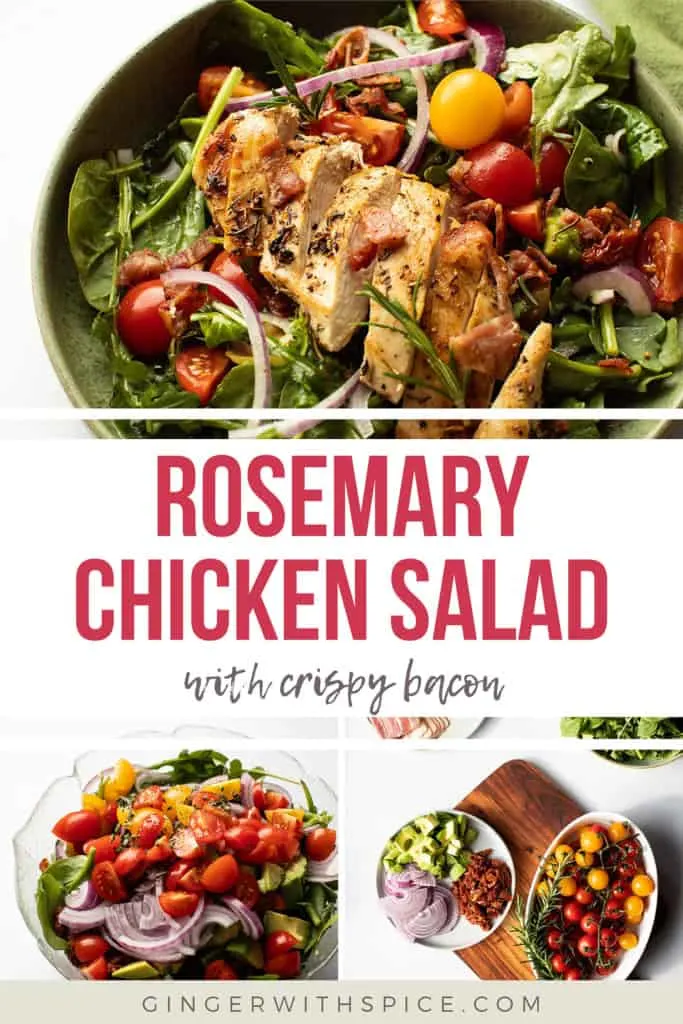 Three images from the post and red text overlay in the middle: Rosemary chicken salad.