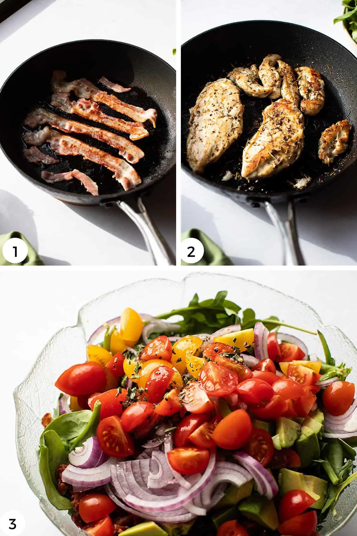Steps on how to cook bacon, cook the chicken and assemble the greens.
