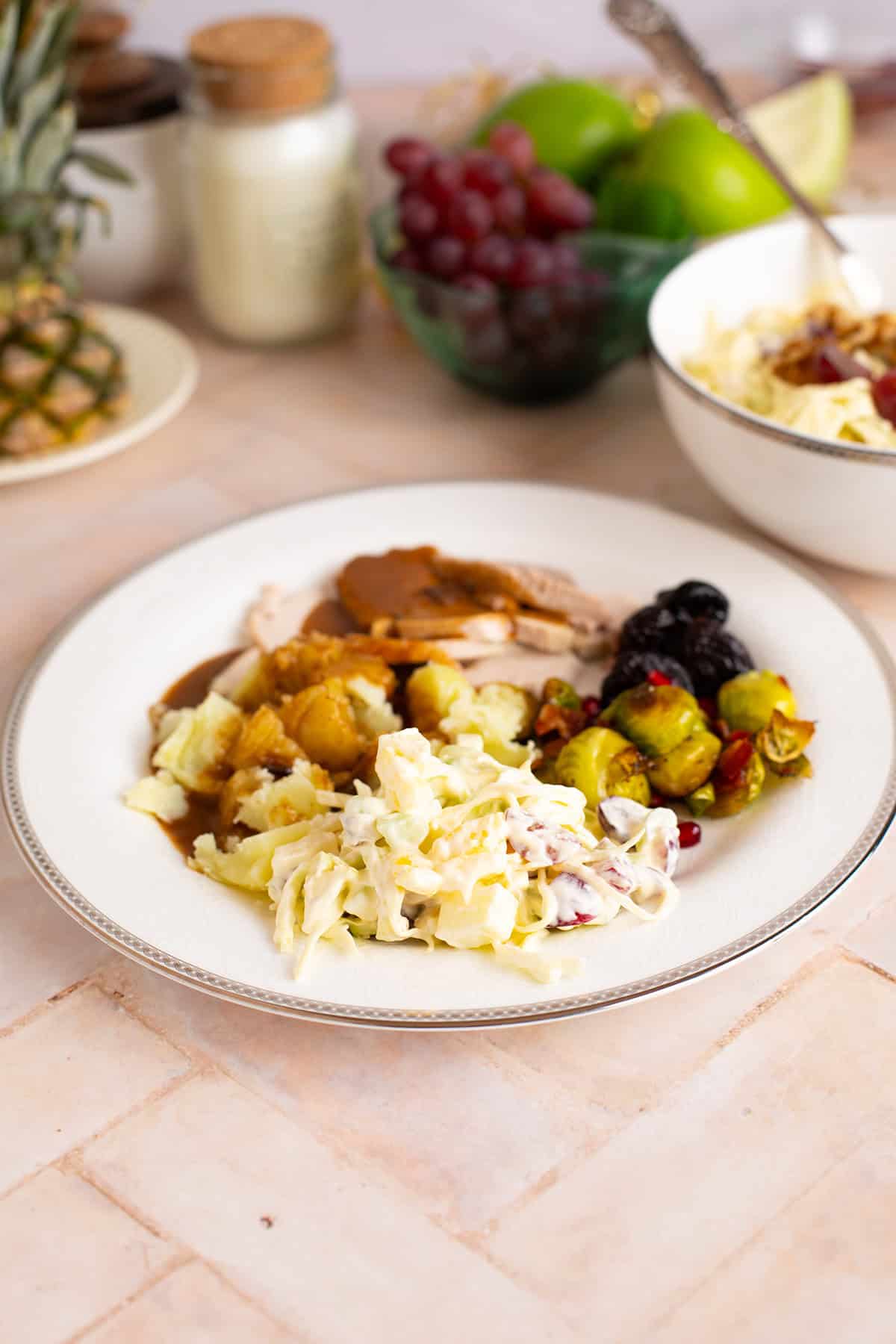 Serving suggestion with the Waldorf salad in focus.