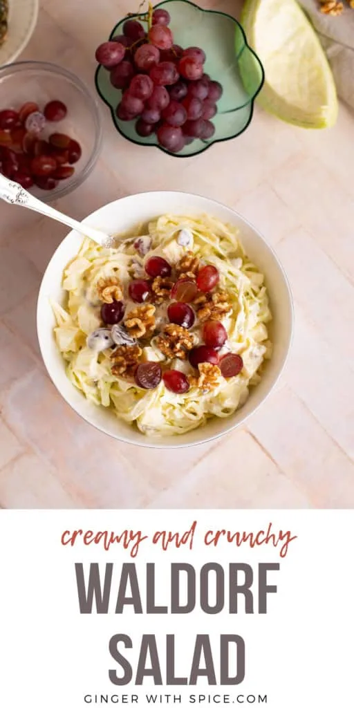 Pinterest pin with a title text below the image of the Waldorf salad.